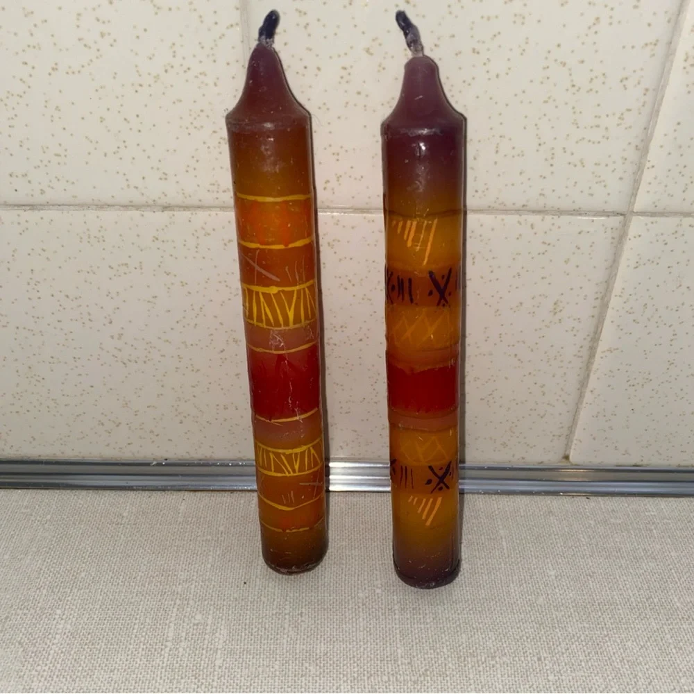 Vintage‎ Boho Painted Candles Tapered Multi Colored Set Of 2 Never Used Unlit